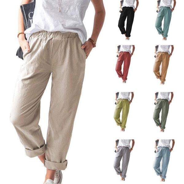 

capris 2022 latest women cotton linen pants long series casual comfortable loose elastic waist fashion lady trousers solid color plus s, Black;white