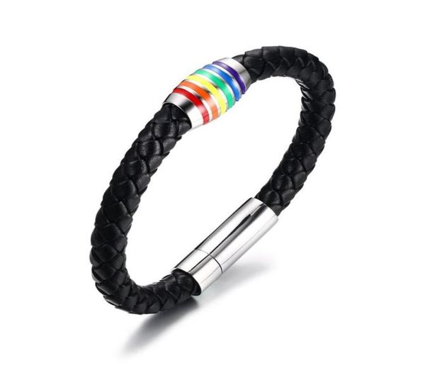 

8mm lgbt rainbow braided leather bracelet with stainless steel magnet clasp 215cm length1599379, Golden;silver
