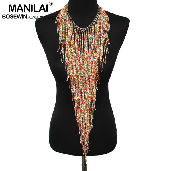 

chokers manilai bohemian style design women fashion charm jewelry resin bead handmade long tassel statement link chain choker necklace 23051, Golden;silver