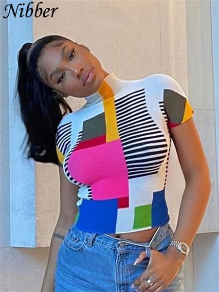 

women s t shirt nibber atasan wanita patchwork dicetak setengah turtleneck lengan pendek perempuan keluar musim panas baru penjualan laris 2, White