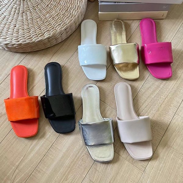 

2023 new summer sandals pressed flat slippers patent leather women comfort leather slides lightweight flat sandals women casual comfortable, Black