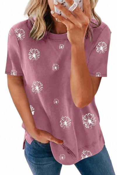 

pink dandelion print crew neck t-shirt 2023 new z4r3#, White
