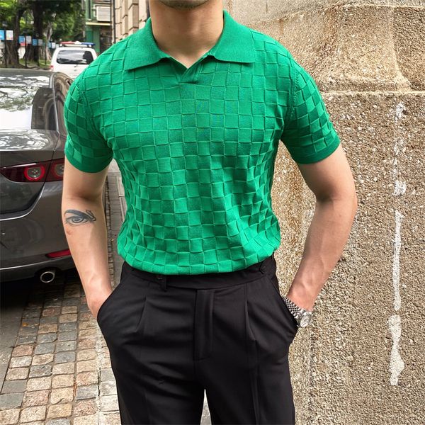 

men's polos summer plaid knitted polo shirts men short sleeve v-neck knitted lapel tee elasticity slim casual business social polo 230, White;black