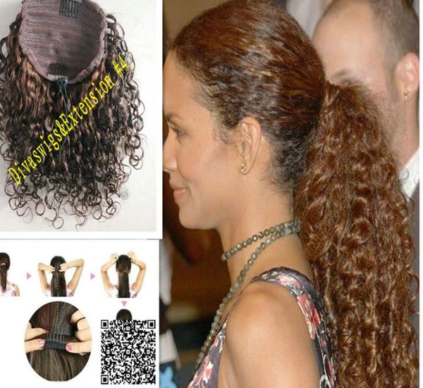 

halle berry style brown curly drawstring ponytail human hair extension clip in women ponytail 120g medium brown 47034682, Black