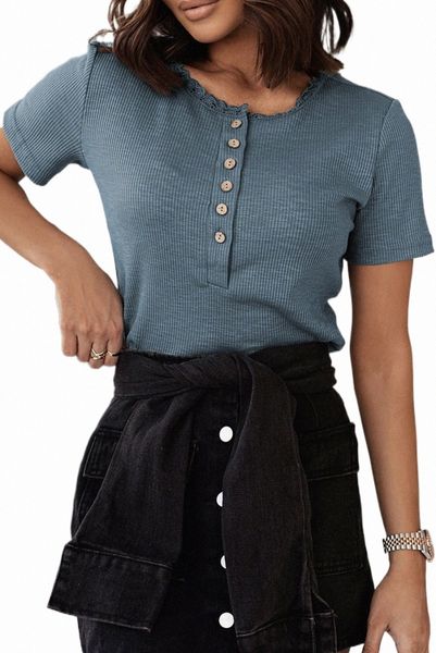 

blue buttoned ribbed knit short sleeve 2023 new g7iz#, White