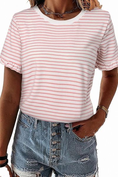

pink casual striped ruffle sleeve short sleeve t-shirt l746#, White