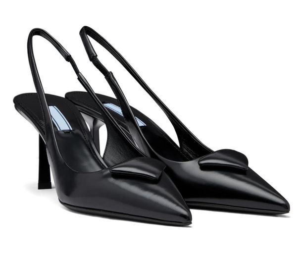 

23s lady designer sandal high heels triangle brushed leather slingback sandals pointe toe pumps black white thin heel sling back dress pump