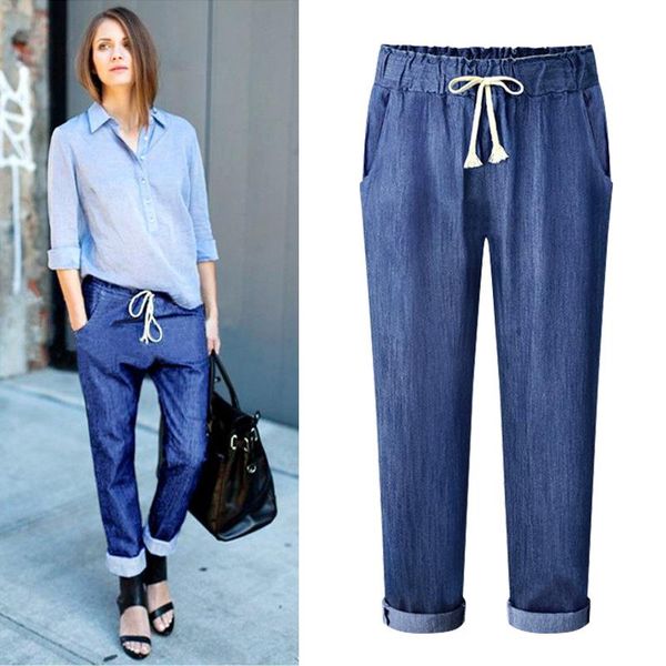 

jeans summer lace up elastic waist plus size harem pants women ankle length jeans casual loose big size capri pants 5xl 6xl, Blue