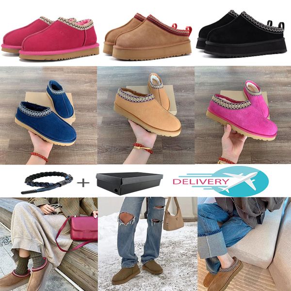 

2023 tasman slippers chestnut fur slides sheepskin shearling tazz mules women men ultra mini platform boot slip-on shoes suede upper fall wi, Black