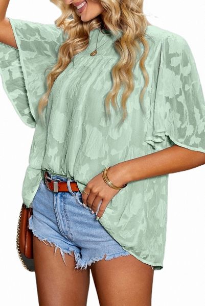 

green floral textured ruffled half sleeve babydoll p0ym#, White
