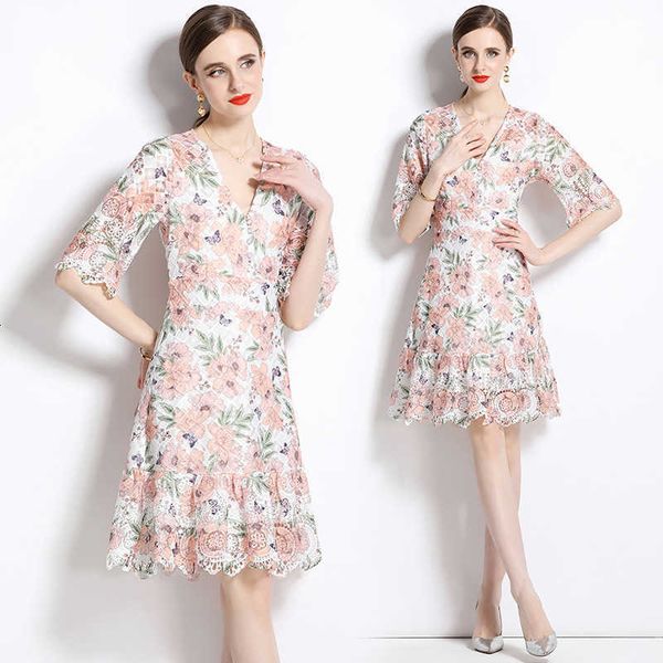 

new women's summer water soluble lace print mid length dress with a slender a-line curved waist, Black;gray