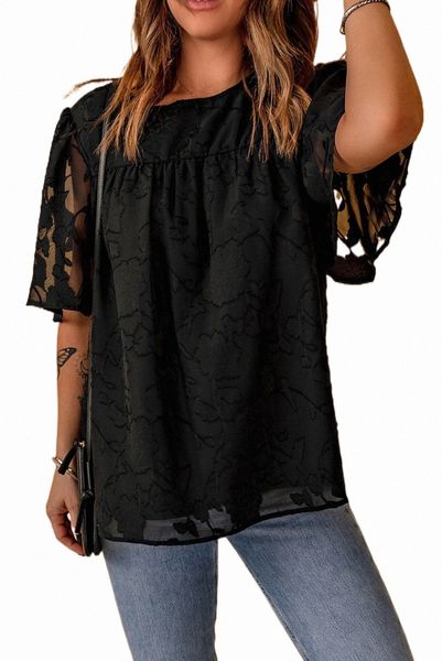 

black floral textured ruffled half sleeve babydoll 2526#, White