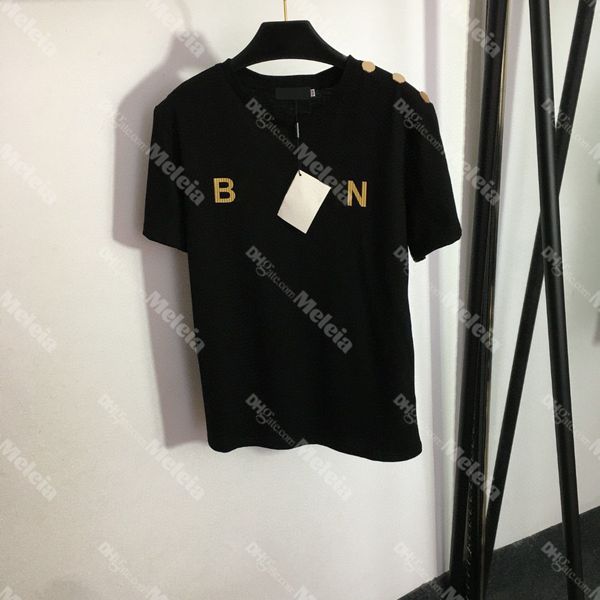 

7 colors bronzing letter t shirts cotton women t shirt designer print with metal button, White