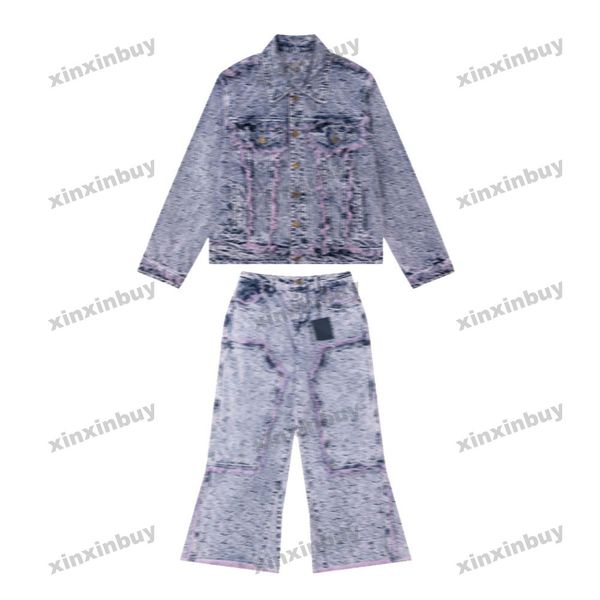 

xinxinbuy men designer coat jacket tassel panelled denim tie dye letter jacquard sets long sleeve women blue black s-xl, Black;brown