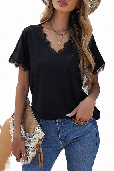 

black v neck lace trim short sleeve 2023 new g0ws#, White
