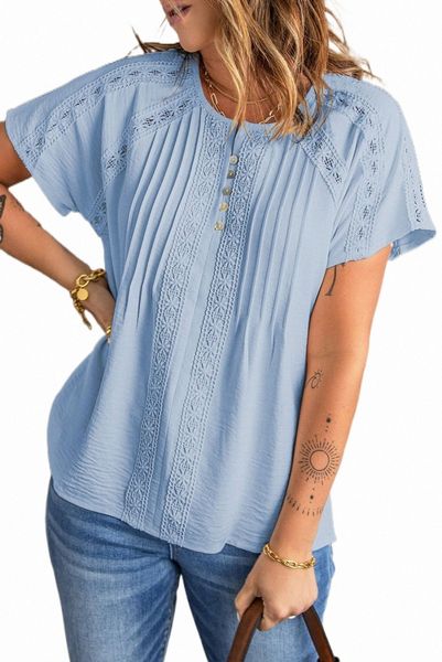 

sky blue crochet eyelet short sleeves 2023 new j42o#, White