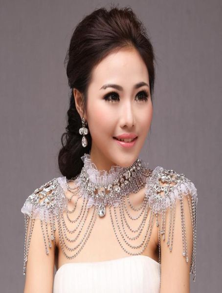 

bling bling 2019 bridal shoulder chain high neck jewelry rhinestone beading crystal lace appliques necklace wedding accessories6032264, White