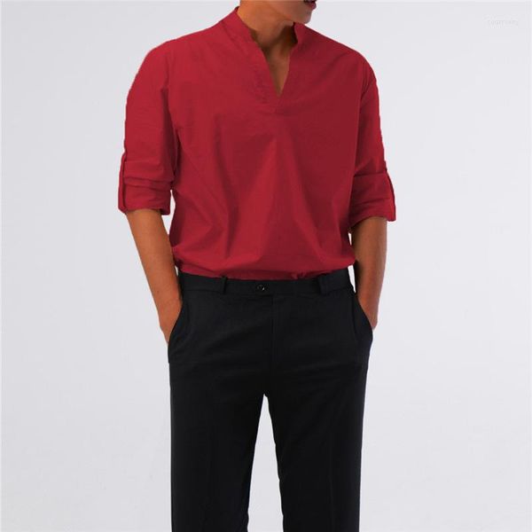 

men's casual shirts 2023 spring solid color long sleeve shirt fashion basic v-neck male clothing, White;black