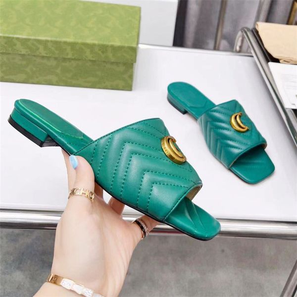 

leather women's flat slippers designer fashion metal double-buckle casual sandals comfortable resort l soft tow box large size 35-43, Black