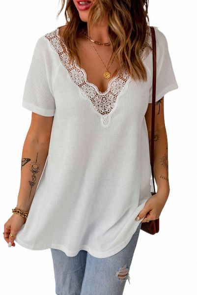 

white lace crochet waffle knit ruffled v neck 16st#