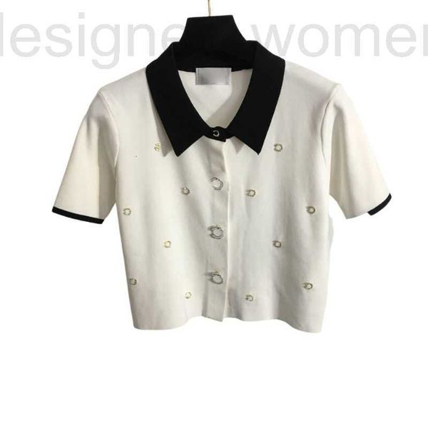 

women's t-shirt designer 2022 brand tee knits with crystal letter button girls milan runway crop high end lapel neck short sleeve stre, White