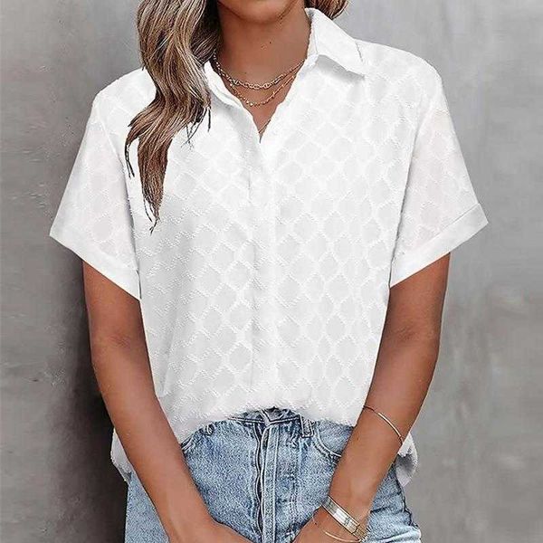 

summer tulle short sleeved shirt womens lapel single breasted loose top, White