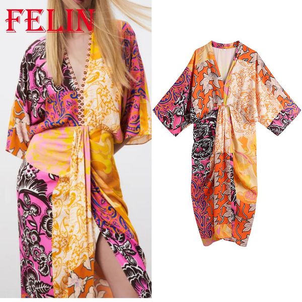 

dresses za 2021 women vintage floral kimono dress short sleeve v neck pleated midi dress autumn spring elegant mujer vestidos, Black;gray