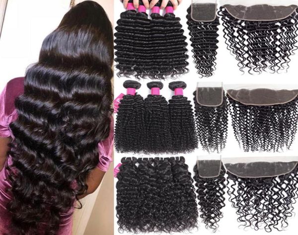 

9a mongolian deep wave bundles with closure 4x4 lace closure or 13x4 ear to ear lace frontal virgin human hair weave with lace clo2850706, Black
