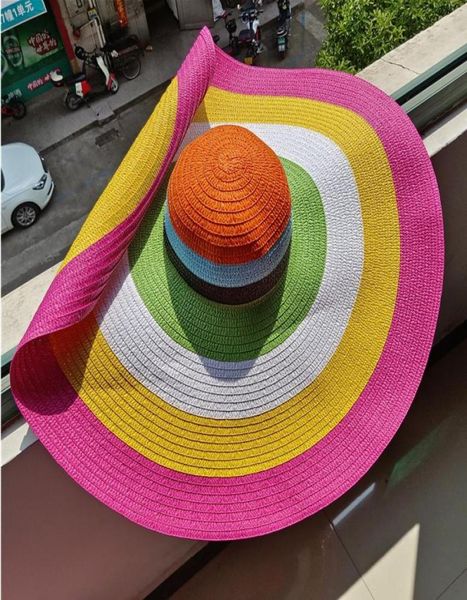 

wide brim hats rainbow striped big antiultraviolet sunshade sun hat beach with wire edge can be folded arbitrarilywide9184181, Blue;gray
