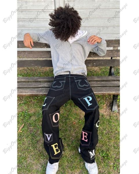 

men's jeans black jeans multi pocket irregular letter print punk style trousers y2k pants trend korean loose men streetwear 230517, Blue