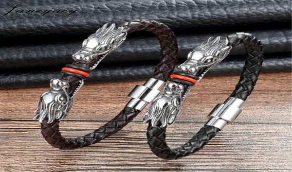 

janeyacy new fashion leather bracelet men039s brave stainless steel dragon brand hombres pulsera1914724, Black
