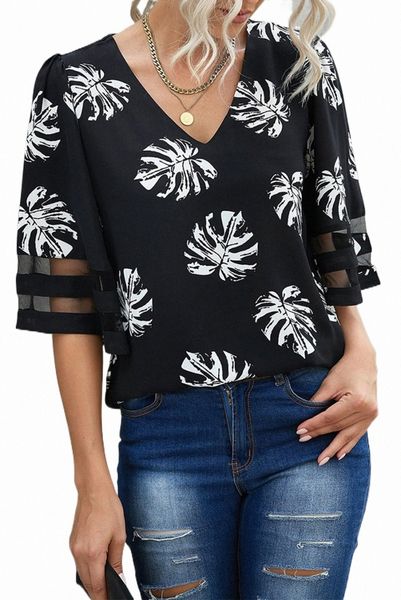 

black v neck mesh splicing sleeve palm leaf print 35br#, White