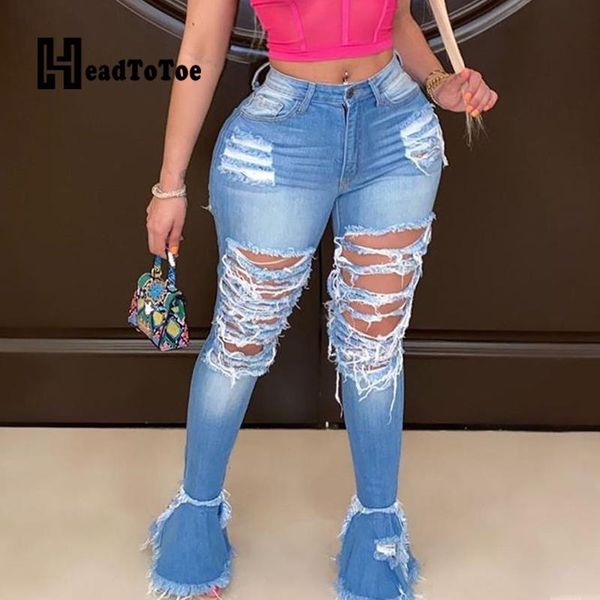 

jeans ripped holes ruffled skinny jeans women casual denim pants, Blue