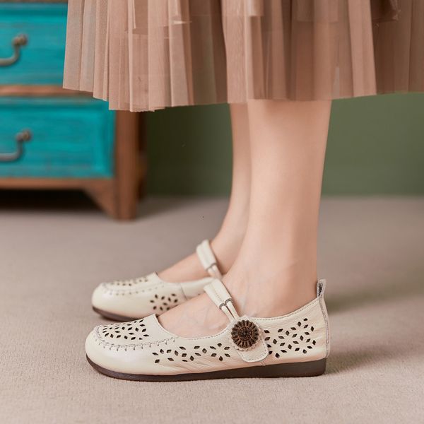 

sandals genuine leather mary janes sandal women's summer flat shoes woman vintage hollow flats mother gift grandma comfortable sandals, Black