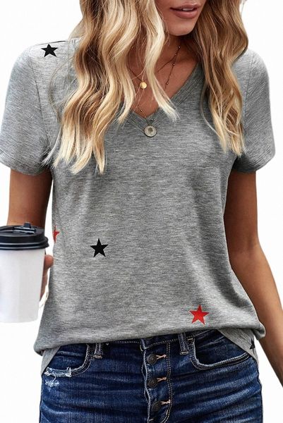 

v neck stars print gray t-shirt 2023 new 436q#, White