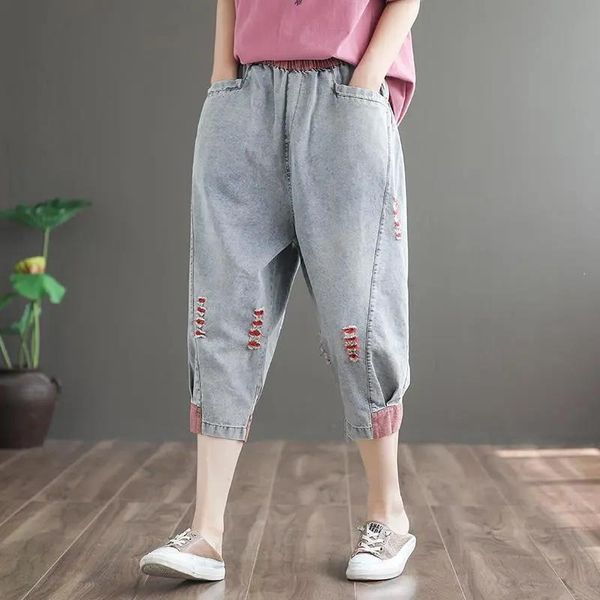 

jeans retro patchwork pockets hole jeans elastic waist summer new baggy casual cowboy harem pants women ripped calflength denim pants, Blue