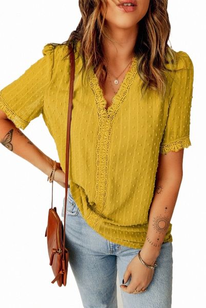 

yellow lace splicing v-neck swiss dot short sleeve g3gp#, White