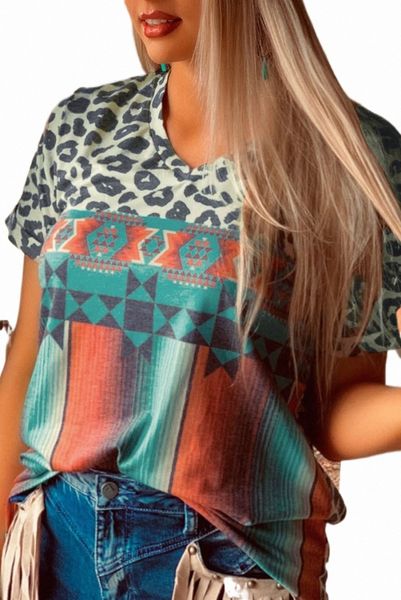 

leopard serape print v neck t-shirt 2023 new t1t0#, White