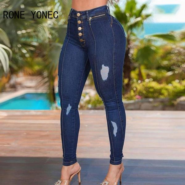 

jeans women solid casual button waist ripped pocket bright line decoration skinny denim capris jeans, Blue