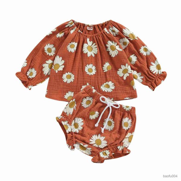 

clothing sets infant newborn baby girls spring autumn clothes set infant daisy print long sleeve crew neck elastic waist shorts 2pcs suit r, White