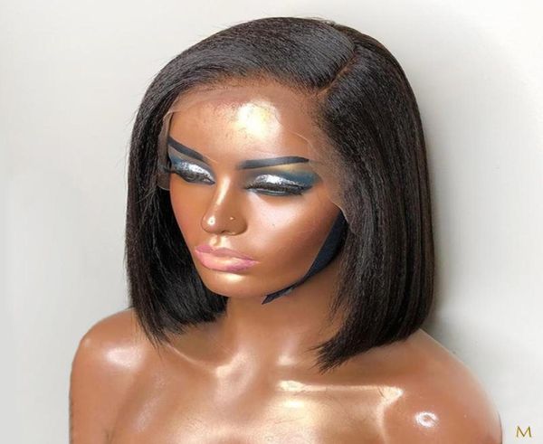 

13x4 lace front human hair wigs for women 130 kinky straight short bob remy brazilian plucked baby hair middle ratio bleached3246671, Black;brown