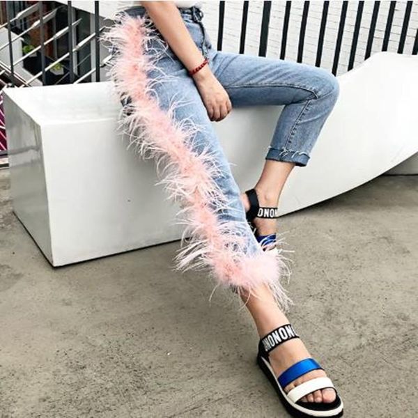 

jeans new women high waist tassels patchwork jeans female pants pink feather hair asymmetric irregular jeans, Blue