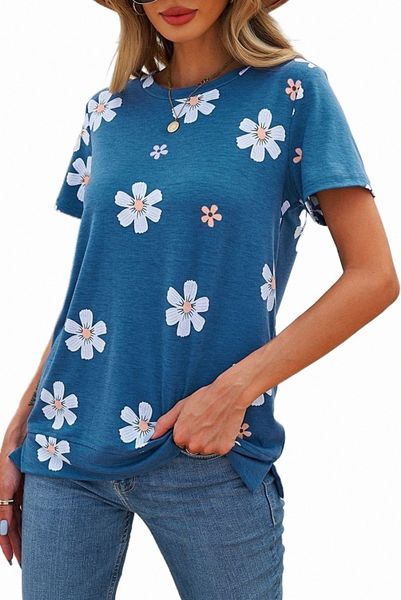 

blue floral pattern t-shirt 2023 new 2023 new 61wb#, White