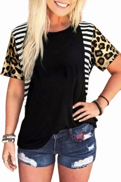 

leopard striped patchwork short sleeve 2023 new 63dh#, White