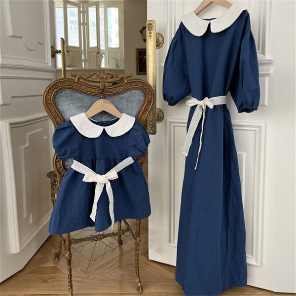 

family matching outfits 4855c korean girl dress clothes summer fashion motherdaughter doll collar bow belt parentchild 230518, Blue
