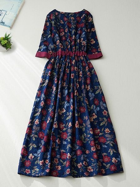 

basic casual dresses women summer casual dress arrival vintage style floral print loose comfortable female a-line long dresses b1899 230518, Black;gray