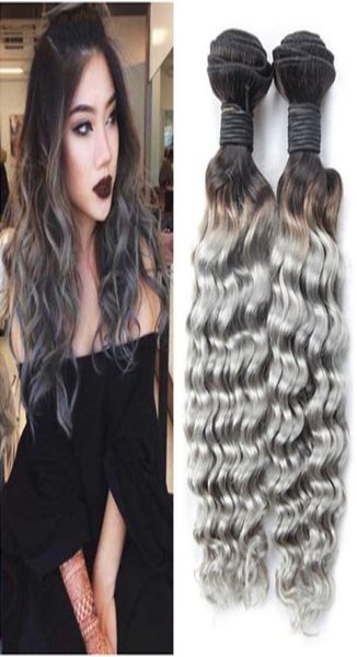 

1bgrey ombre brazilian human hair weave bundles dark root deep wave wavy silver grey ombre virgin human hair weft extensions 3pc2932124, Black