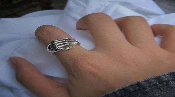 

solitaire ring resizable good looking 925 sterling silver vintage creative skeleton hand grip shaped finger jewelry loop kofo 22117560127, Golden;silver