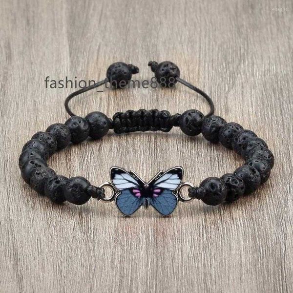 

strand vintage bead bracelet charm gray butterfly pendant 6mm black lava stone reiki healing jewelry fashion handmade bangles for lover