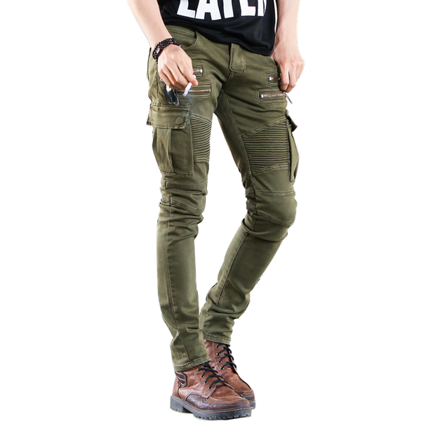 

mens jeans stretch casual biker jeans with zipper fashion fold designer skinny hiphop punk multi pockets slim denim pants men, Blue